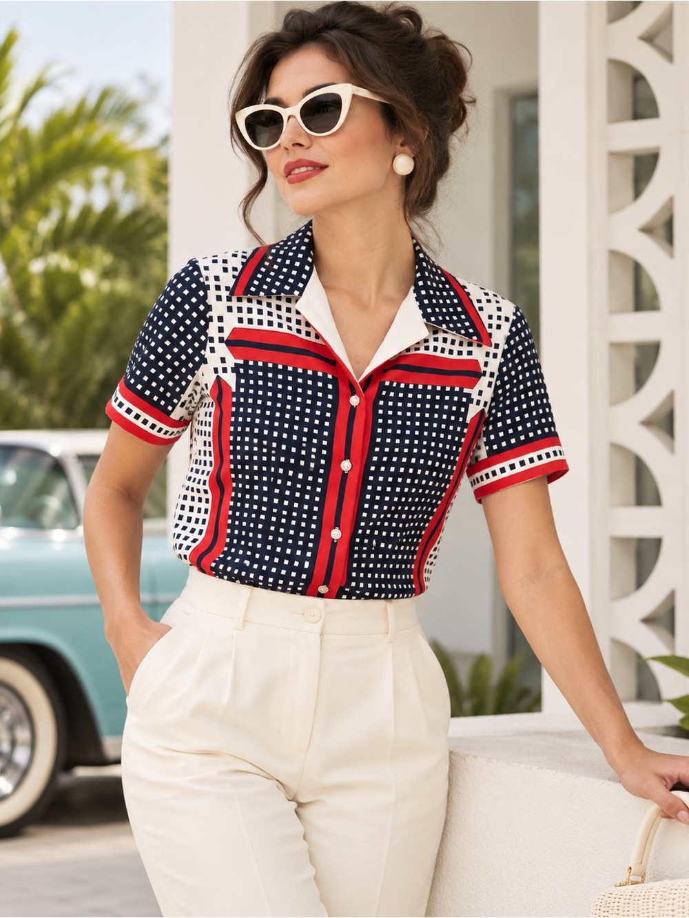 Vintage 1970s Red/White/Blue Mod Checkered Top